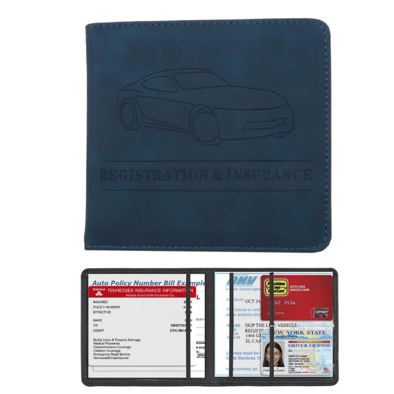 A dark blue leather card holder wallet featuring a silhouette of a car and text for registration and insurance documents.