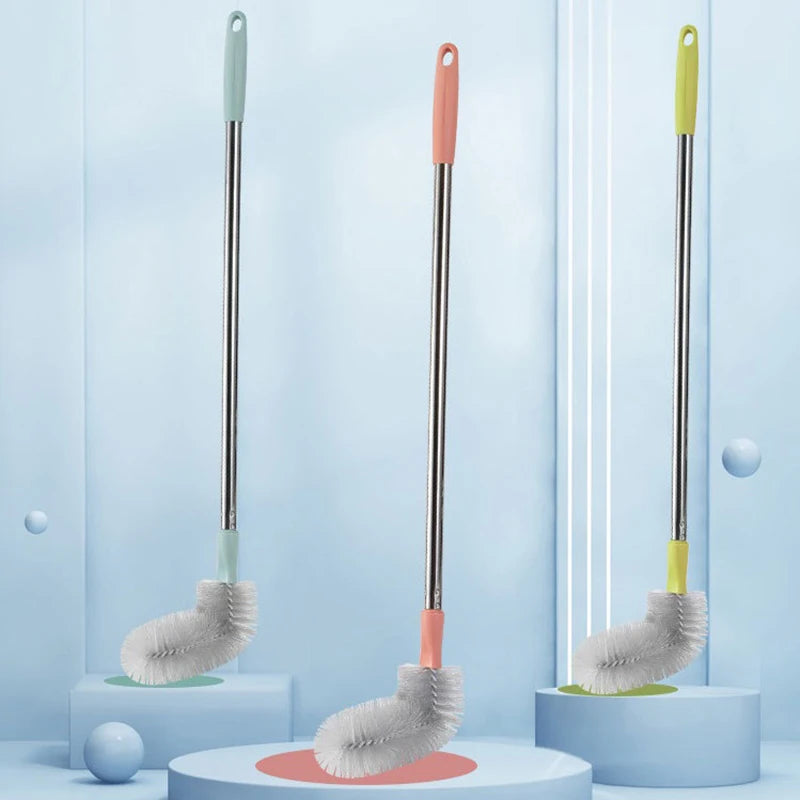 A set of three bucket cleaning brushes with stainless steel handles and silicone bristles displayed against a light blue back