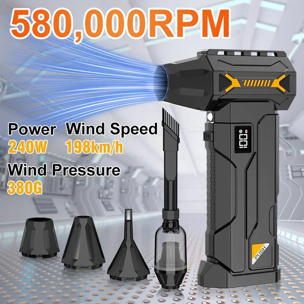 A black cordless turbo blower and vacuum cleaner is shown with a powerful stream of air, various nozzles, and accessories.