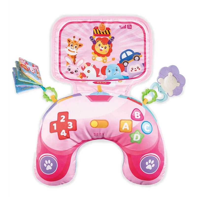 A pink high contrast tummy time pillow featuring various animal characters and paw prints for babies.