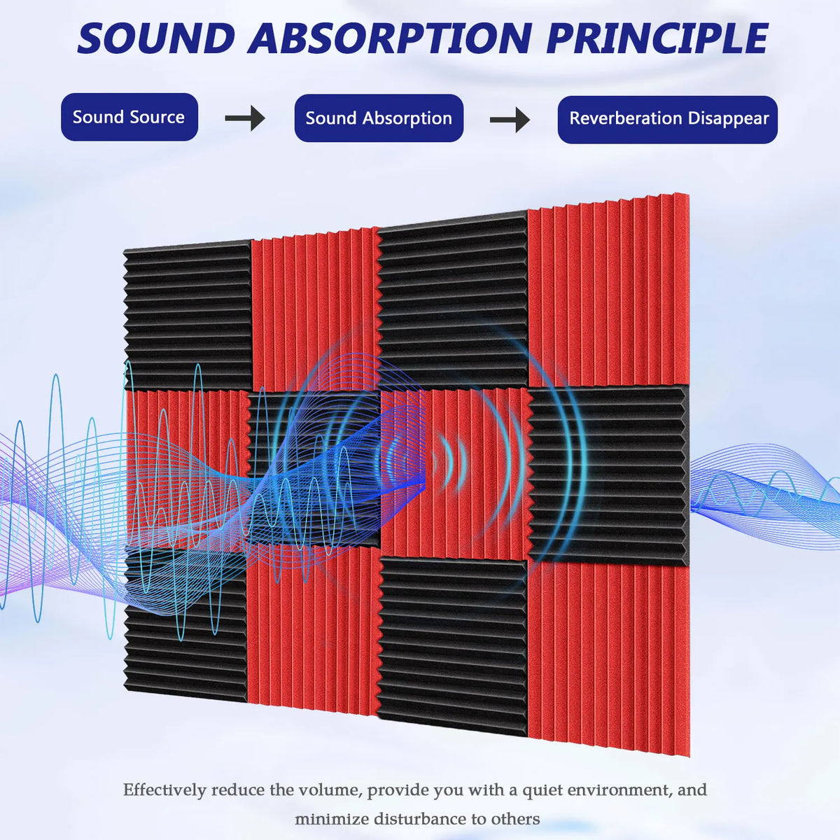 A grid of red and black acoustic foam panels demonstrating the sound absorption principle for reducing reverberation.