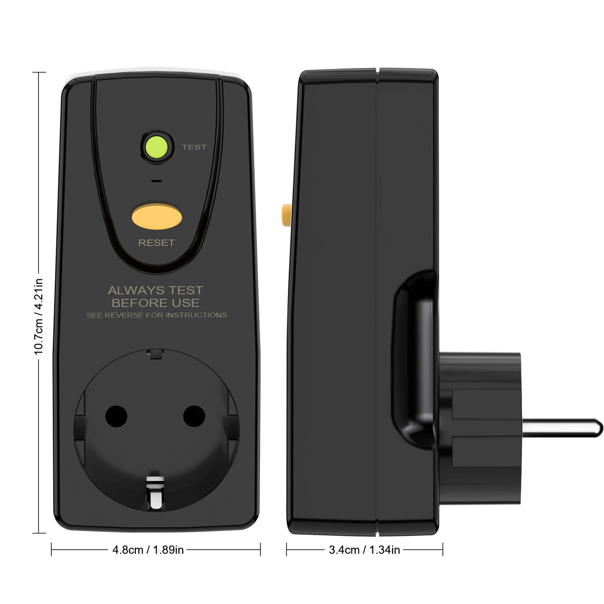 Embouteilleur de protection RCD EU 16A noir avec boutons de test et de réinitialisation.