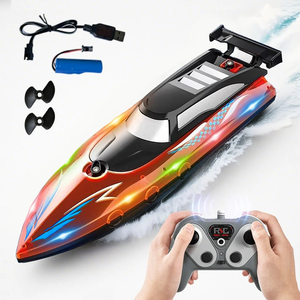 A person holds a red high-speed RC speedboat with LED lights, along with its battery and charger.