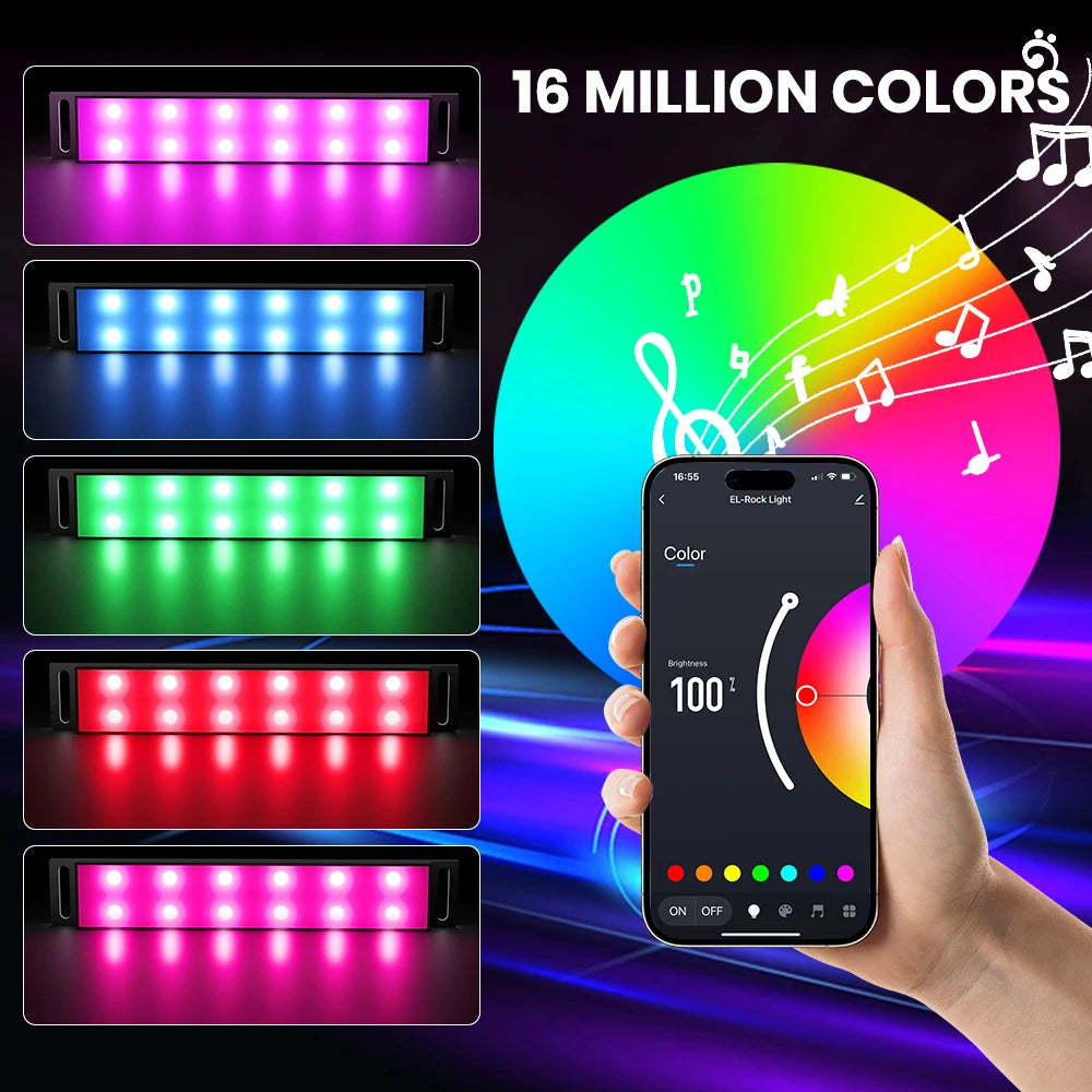 A hand holds a smartphone displaying various bright colored light bars and music notes, demonstrating the 16 million colors o