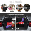Before and after comparison of a foldable car trunk organizer showing how to organize items in the vehicle's trunk.