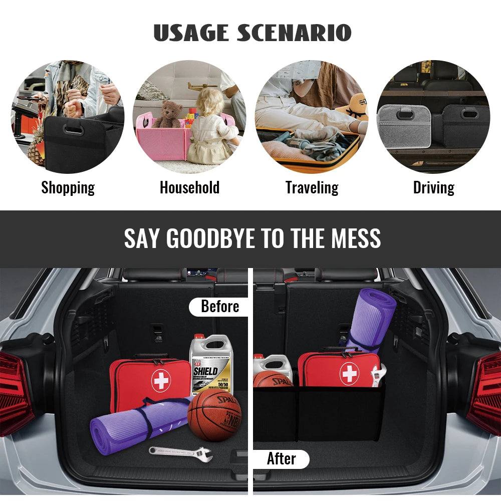 Before and after comparison of a foldable car trunk organizer showing how to organize items in the vehicle's trunk.