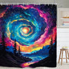 A shower curtain featuring a vibrant cosmic nebula design with purple, pink, and blue colors.