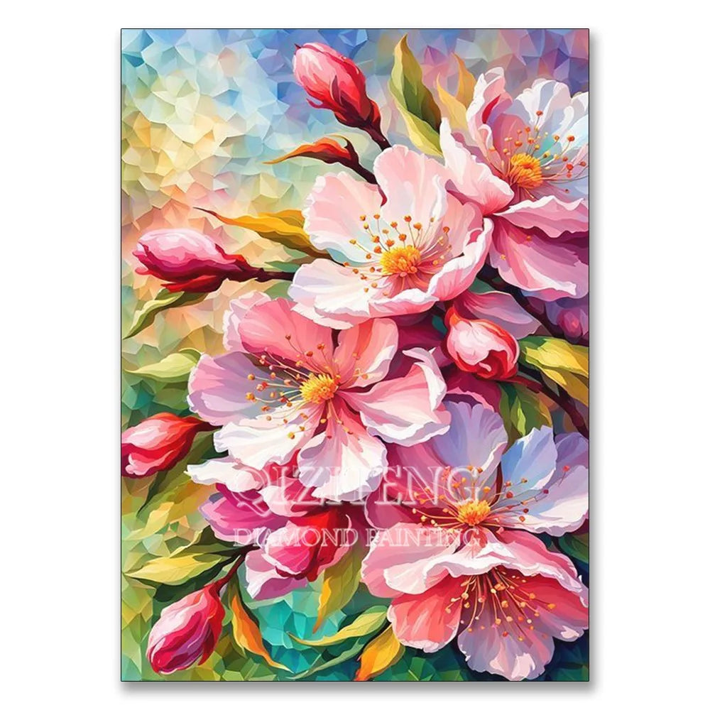 A vibrant floral painting featuring pink and red hydrangeas in a diamond painting style.