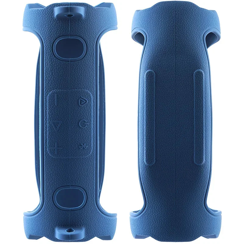 A blue silicone protective case for a JBL Charge 6 speaker shown from the back.