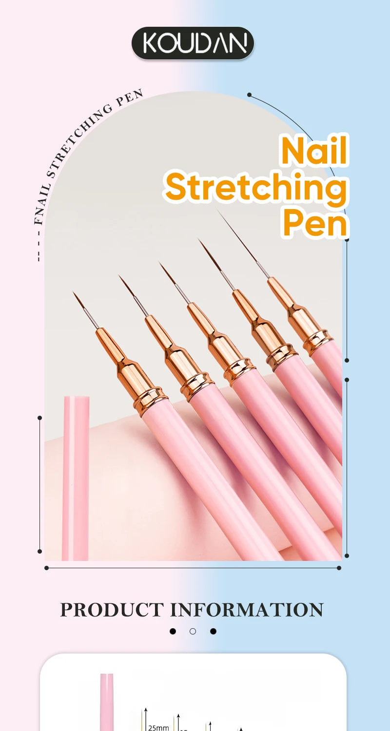 A set of five pink nail stretching pens or liners for professional nail art application.