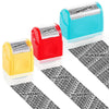 A set of roller identity protection stamps in yellow and red plastic containers with black printed strips.