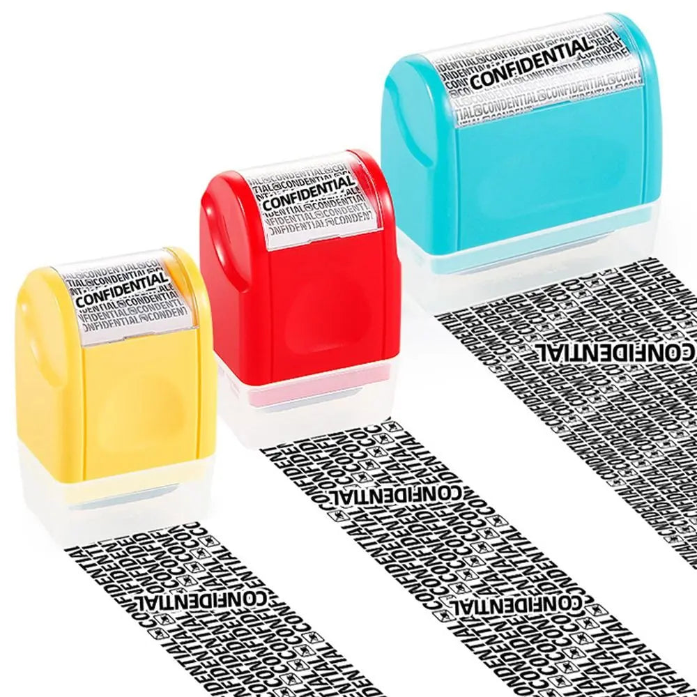 A set of roller identity protection stamps in yellow and red plastic containers with black printed strips.