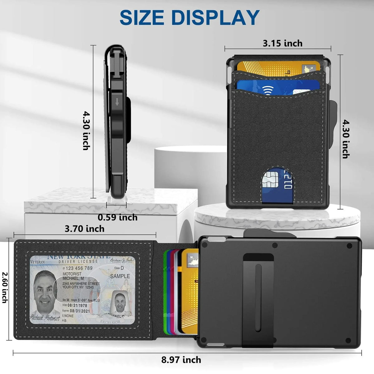 محفظة ثنائية الطي من ألياف الكربون السوداء لحجب بطاقات RFID مع خيارات مختلفة ومساحة لرخصة القيادة.
