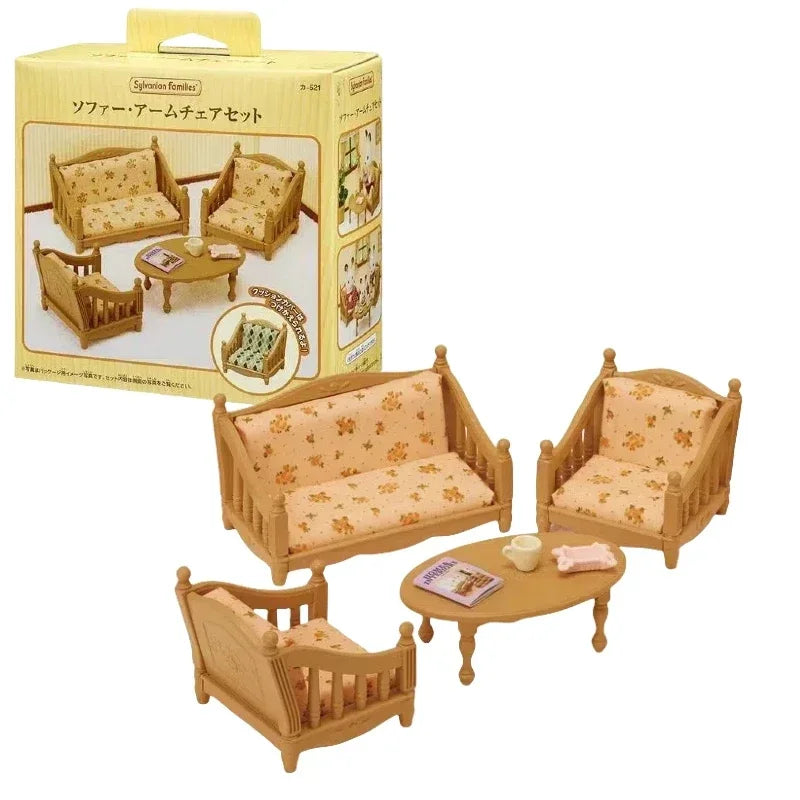 A wooden furniture set featuring a sofa, chairs, and accessories for Sylvanian Families Forest Friends.