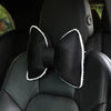 Black silky bow car headrest pillow with white trim and waist cushion set