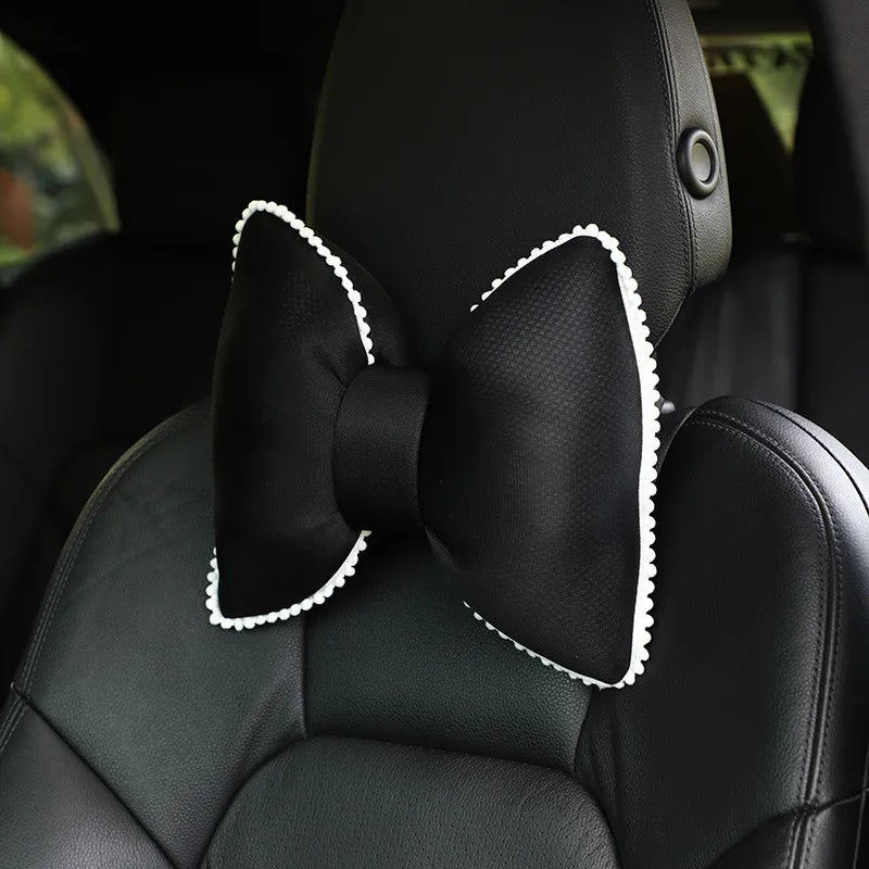 Black silky bow car headrest pillow with white trim and waist cushion set