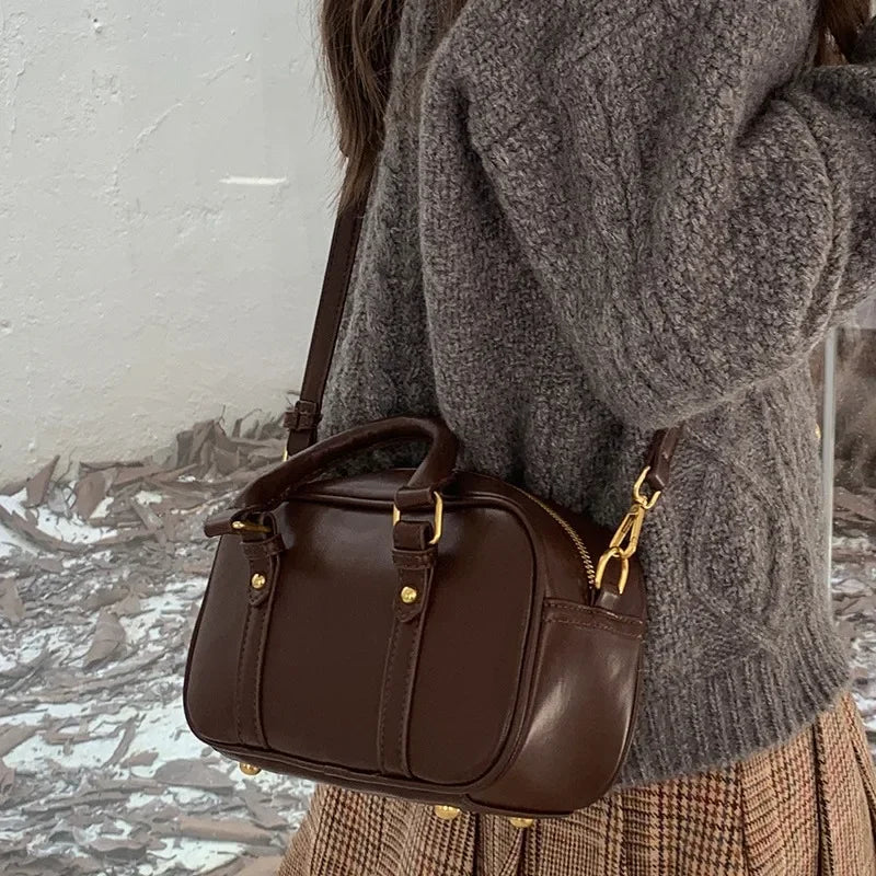 Vintage PU Leather Crossbody Shoulder Bag – Solid Color Retro Handbag