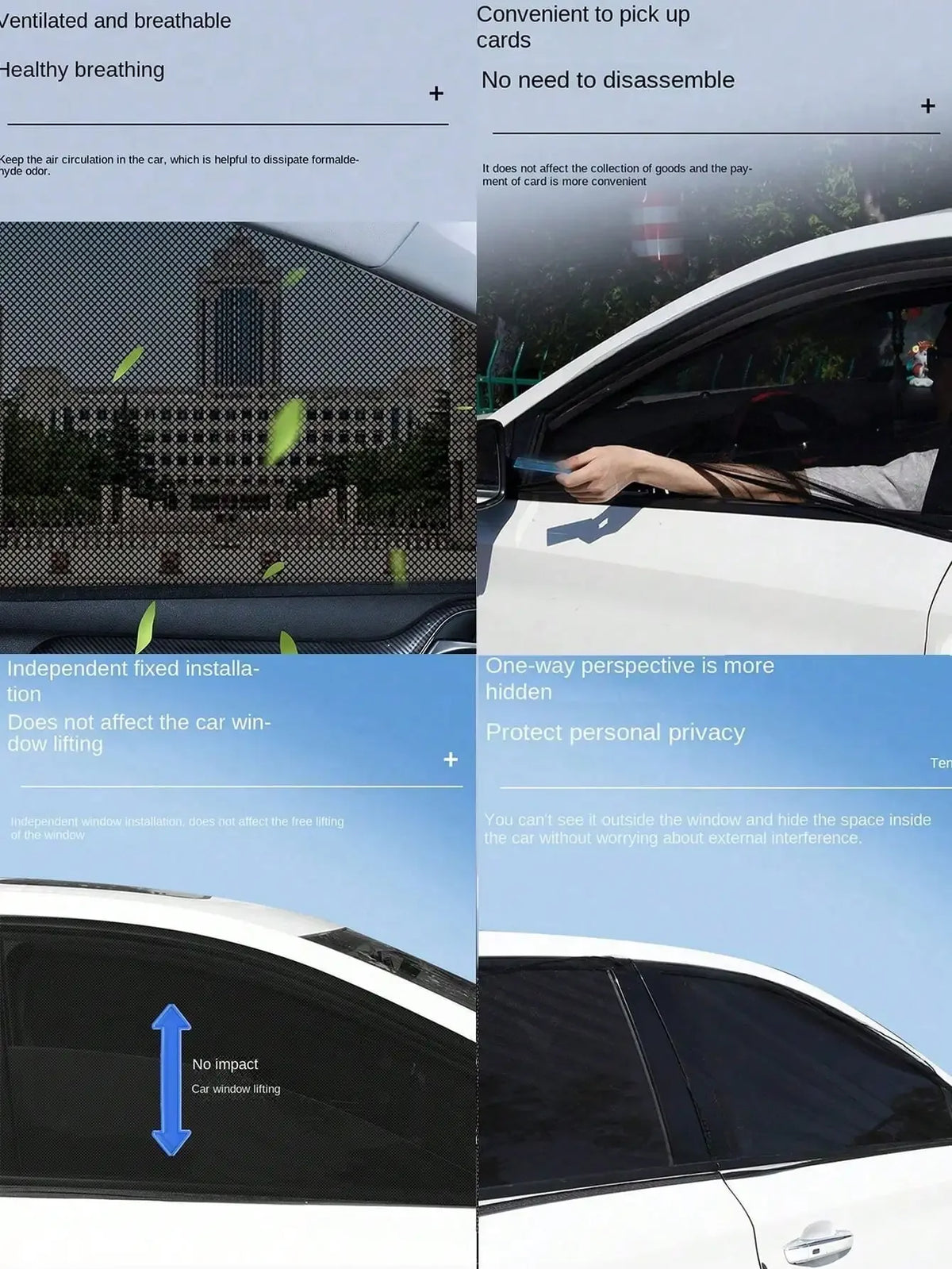 A set of four breathable mesh car window shades installed in a vehicle, demonstrating various features like ventilation and p