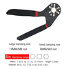 Black adjustable wrench with a non-slip handle and various metric and imperial clamping sizes
