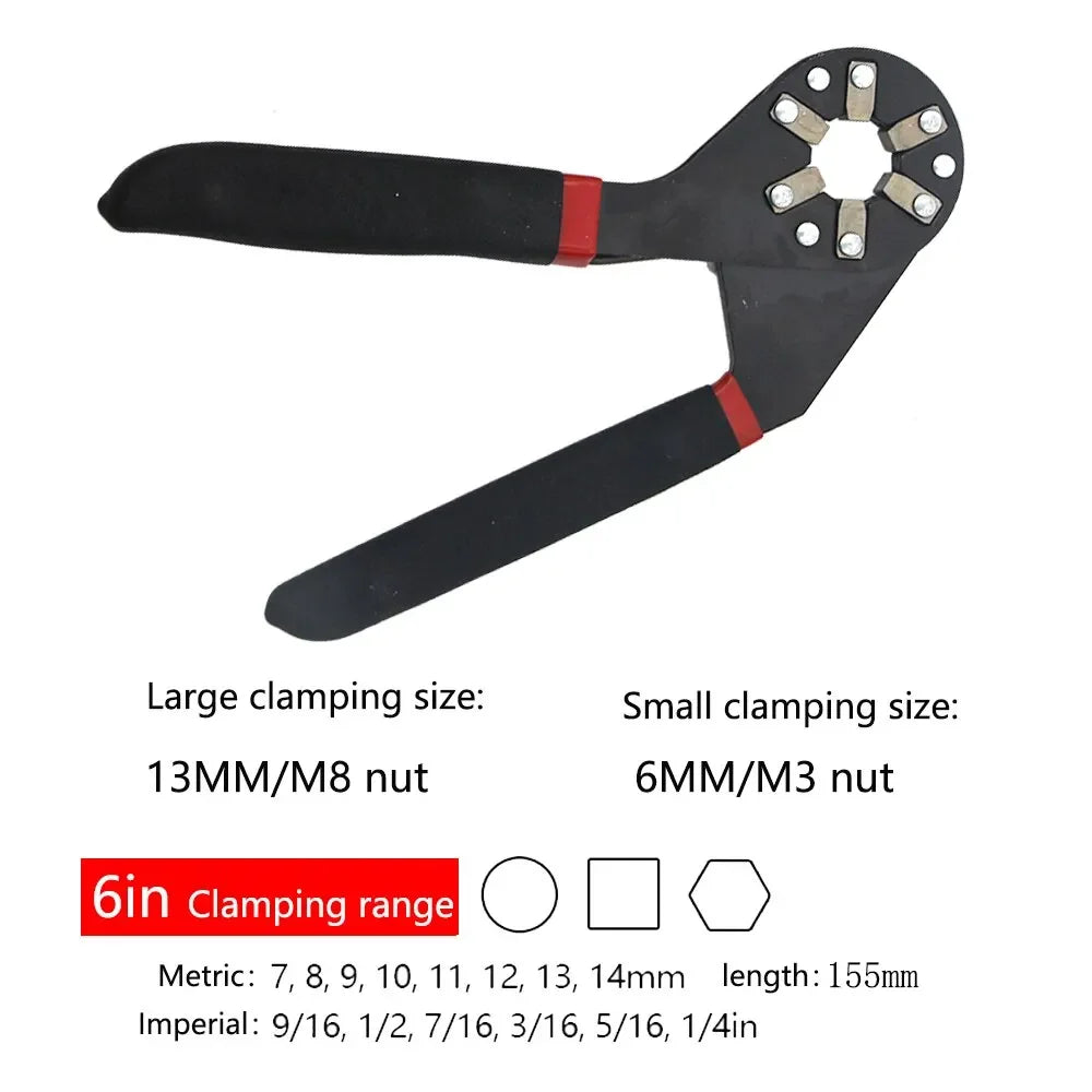 Black adjustable wrench with a non-slip handle and various metric and imperial clamping sizes
