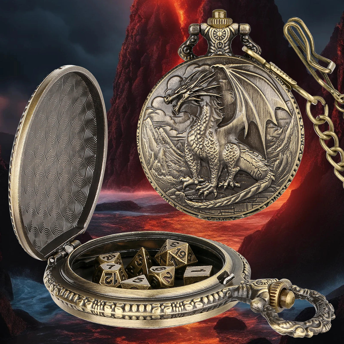 A silver dragon-themed pocket watch case is open, revealing a set of seven metal polyhedral dice.