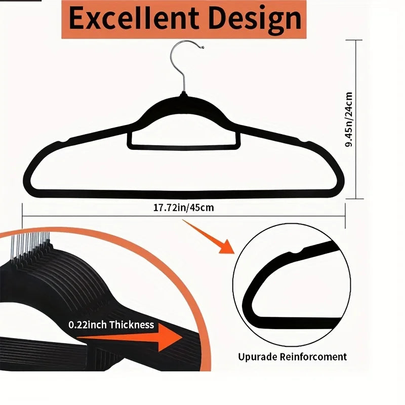 Black velvet hangers with a swivel hook showing the design and thickness of the hanger.
