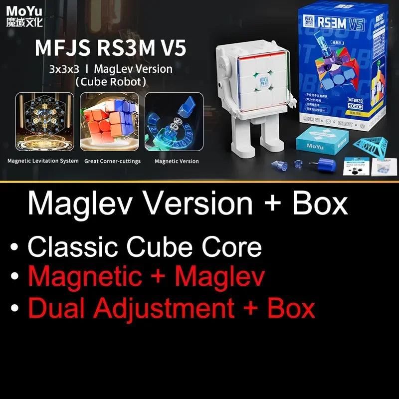MoYu RS3M V5 Magnetic Version cube and box with accessories displayed on a black background.