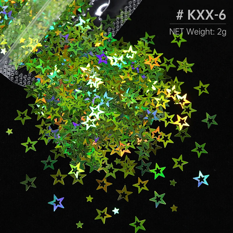 A pile of green and iridescent holographic star sequins for resin crafts, with a net weight of 2 grams.