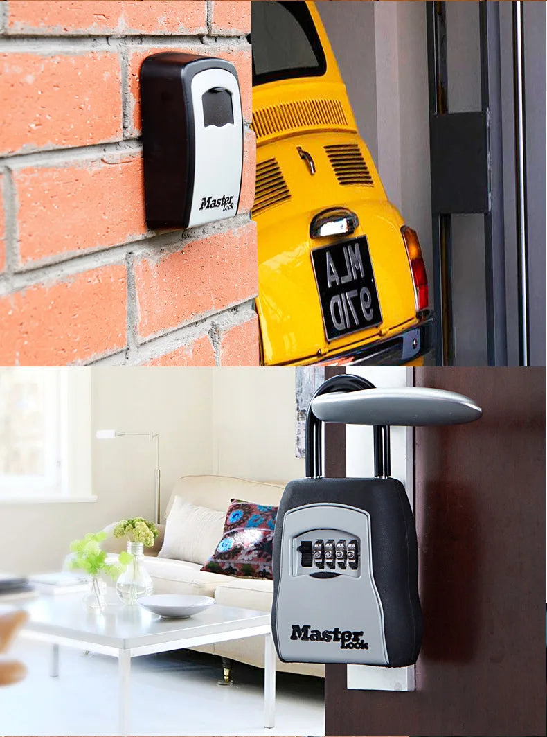 A yellow portable combination key safe mounted on a brick wall and a close-up of a gray Master Lock safe.