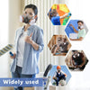 A woman wearing a respirator mask is shown next to various replacement dust filter pads for respirators.