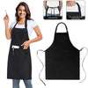 Black unisex water-resistant bib apron with two pockets shown on a woman.