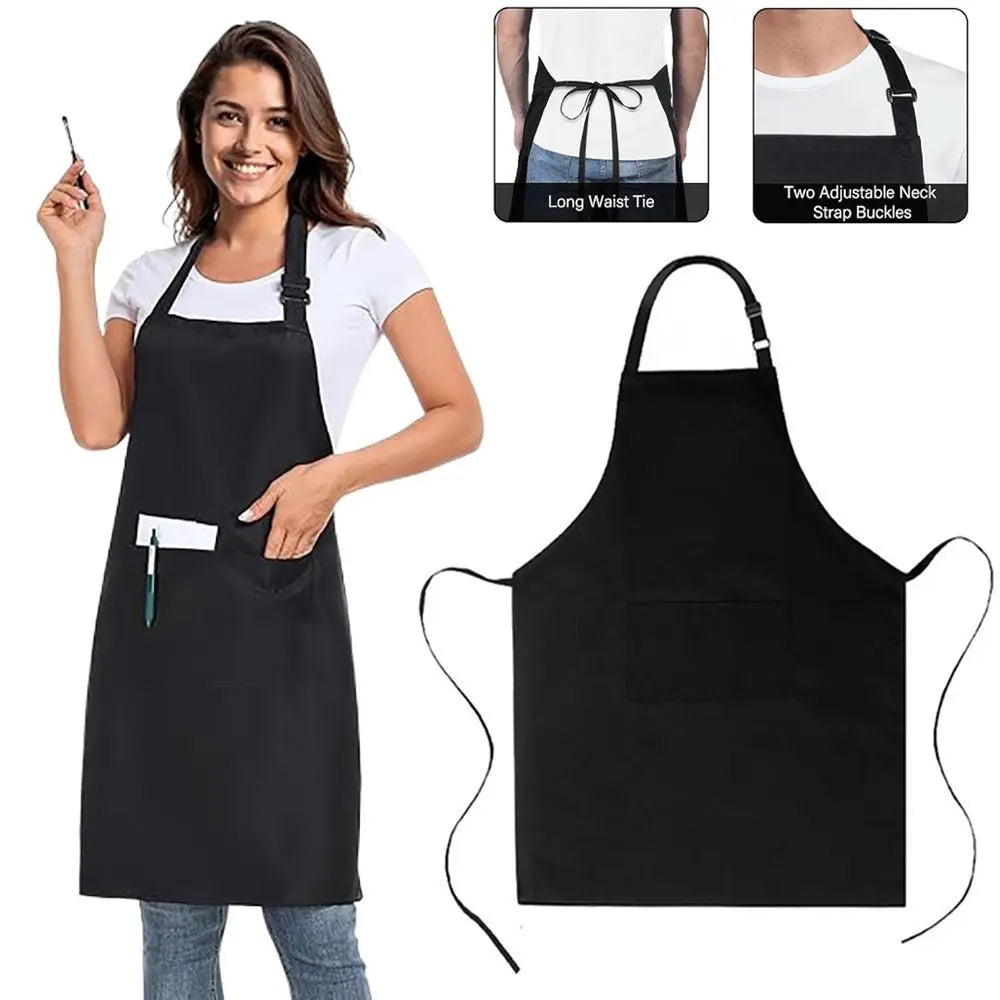Black unisex water-resistant bib apron with two pockets shown on a woman.