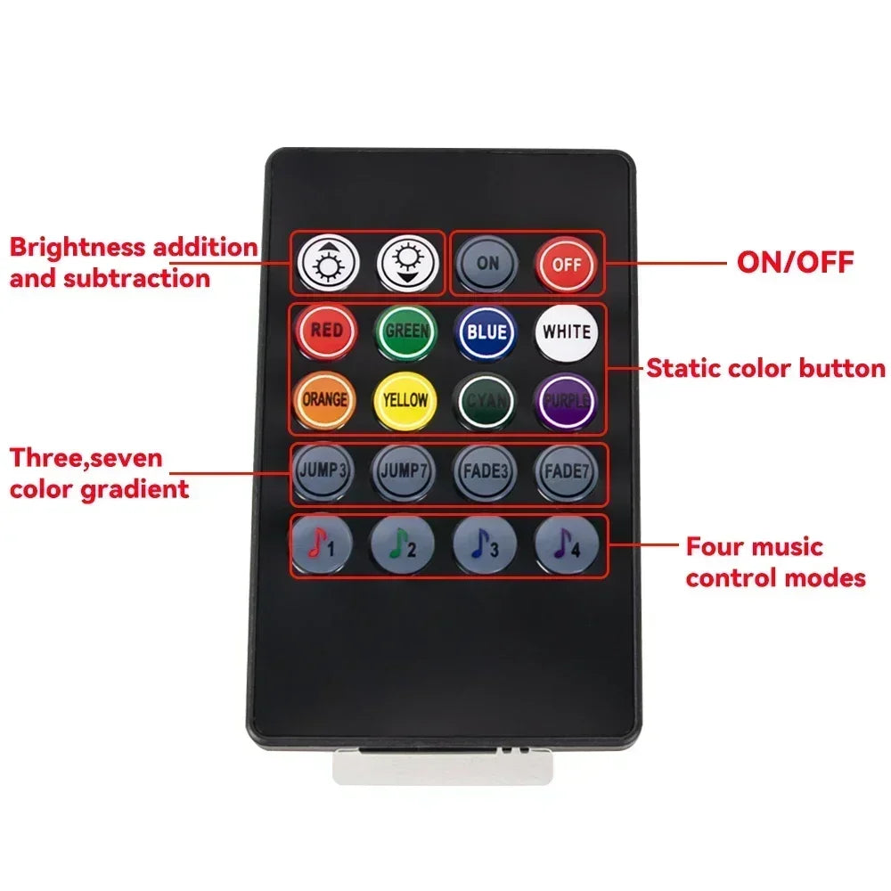 A black electronic device featuring various buttons for brightness control, color selection, and music modes.