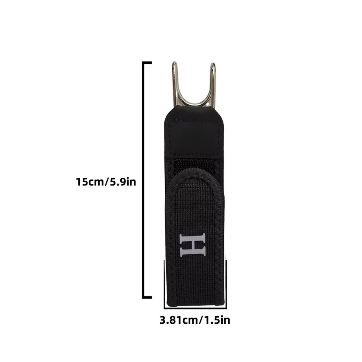 Black adjustable buckleless hook belt for men shown with dimensions.