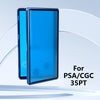 A bright blue trading card protective display case shown open, with a translucent cover and a dark frame.