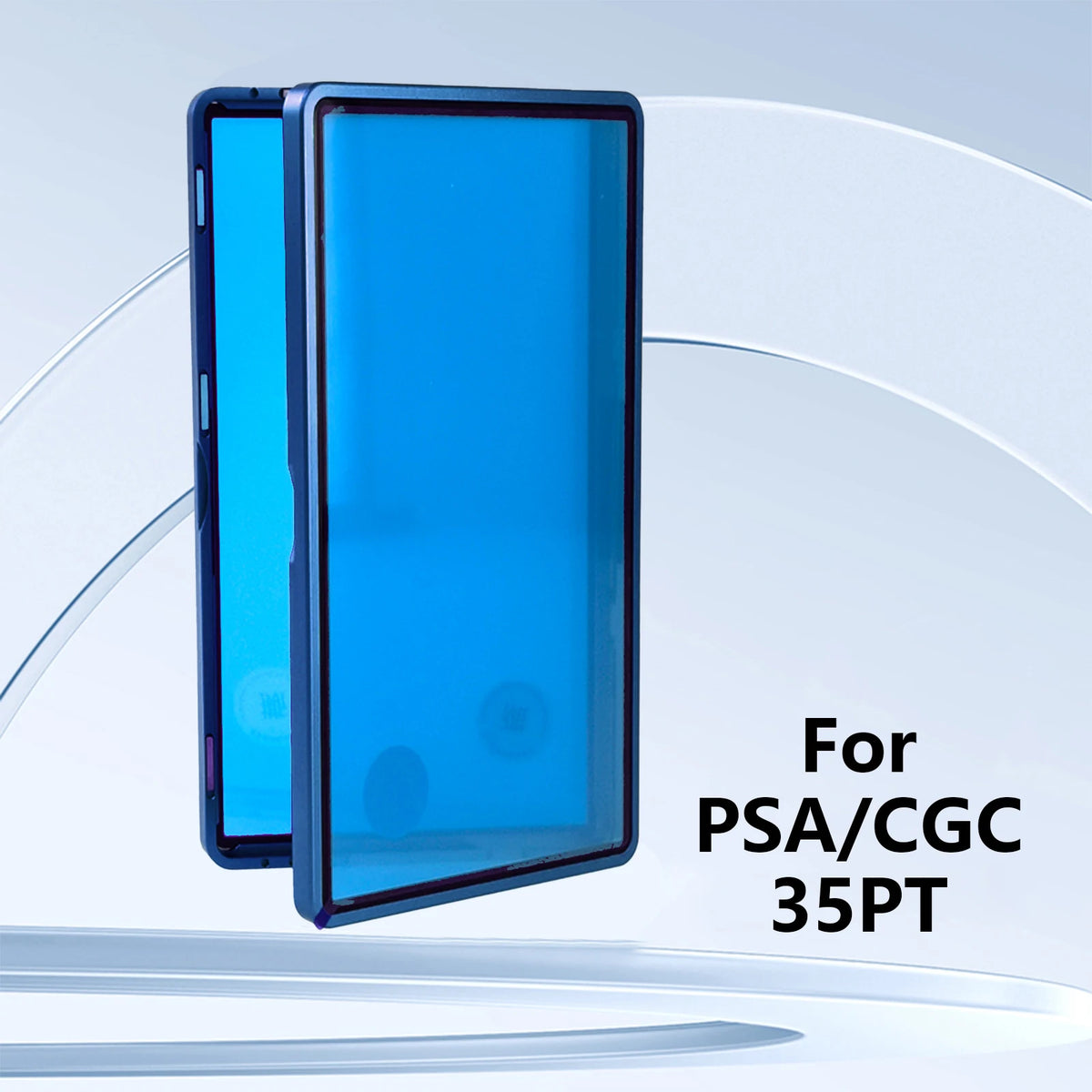 A bright blue trading card protective display case shown open, with a translucent cover and a dark frame.