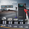 Portable car jump starter device with an LED display and air compressor shown next to various vehicle models.