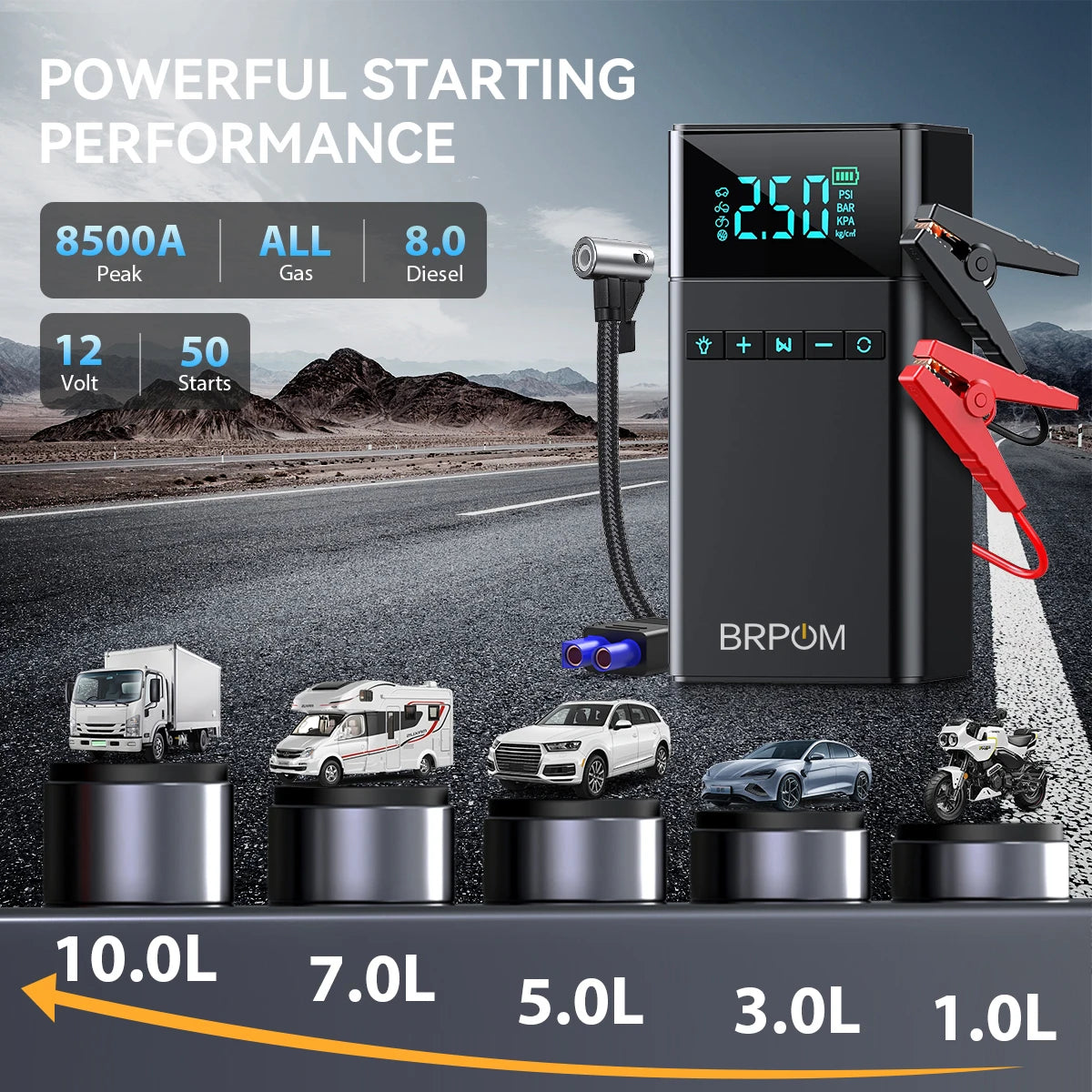 Portable car jump starter device with an LED display and air compressor shown next to various vehicle models.