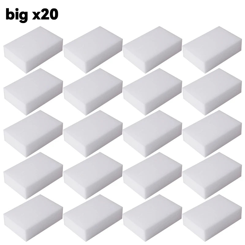 A set of twenty white melamine sponge cleaning erasers for multi-purpose scrubbing.
