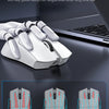 White ergonomic gaming mouse shown with three grip styles: Plank, Finger, and Grasp.