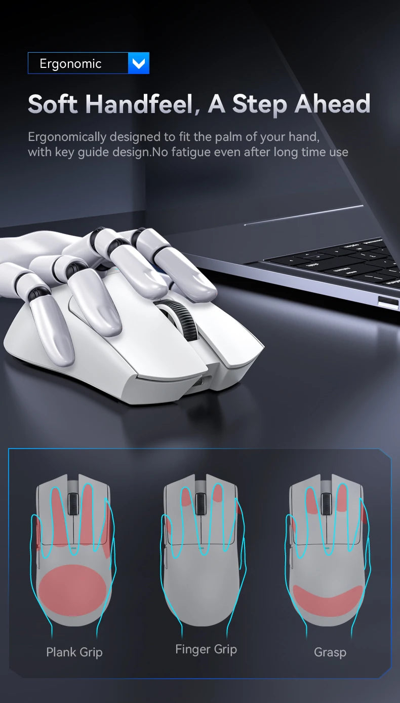 White ergonomic gaming mouse shown with three grip styles: Plank, Finger, and Grasp.