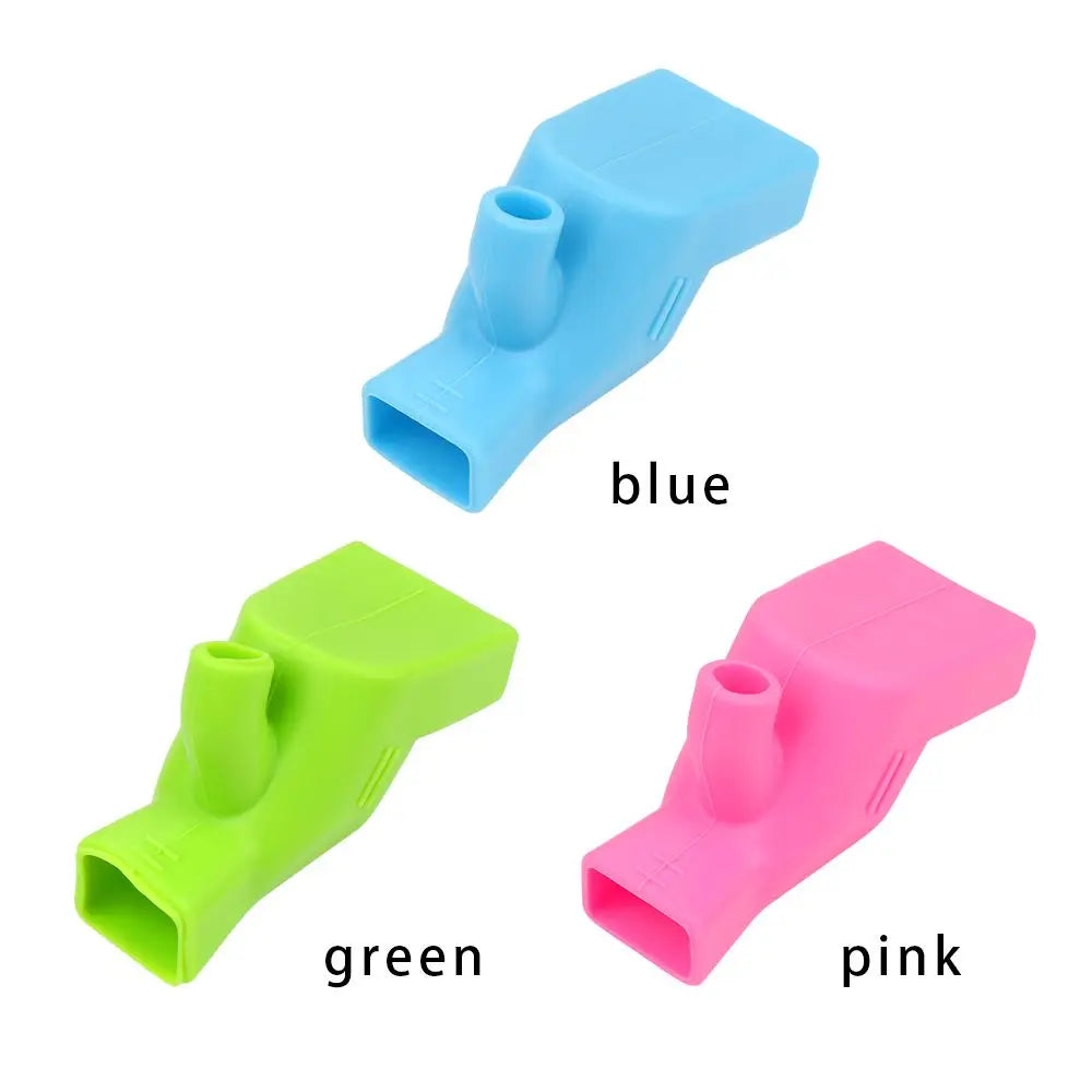 Three silicone faucet extenders in blue, green, and pink are shown side by side.