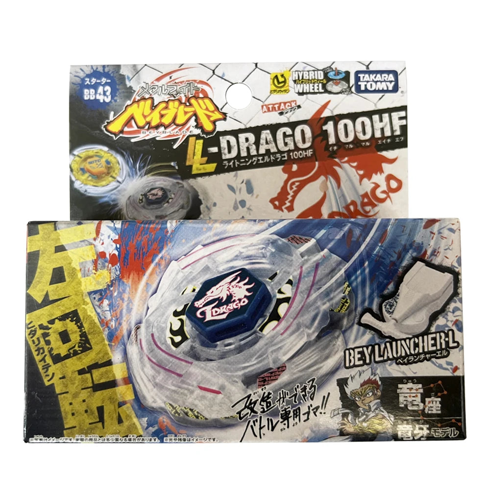 A box and a spinning top toy labeled L-DRAGO 100HF from the Attack series by Takara Tomy