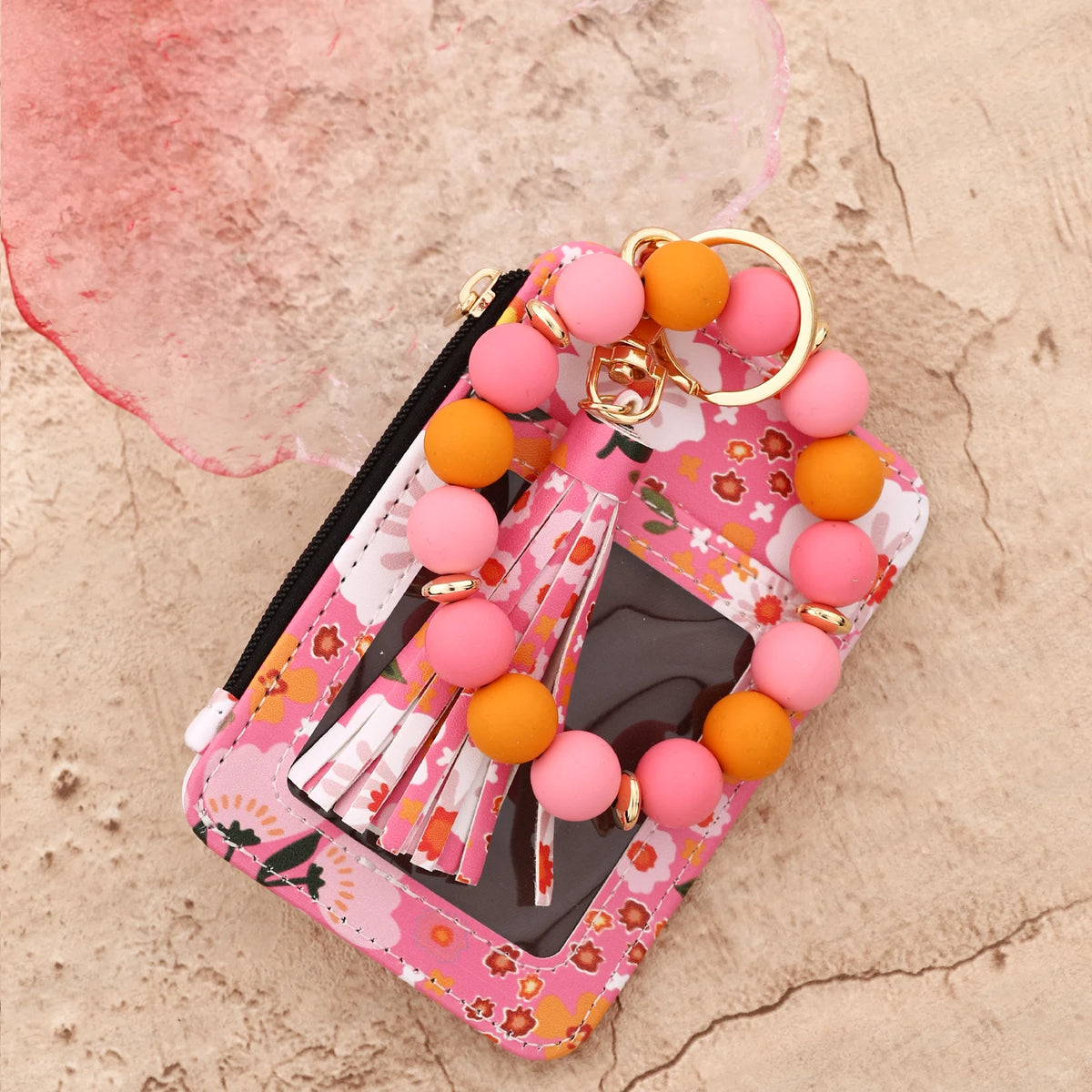 Floral Print PU Leather Wristlet Keychain Wallet with Card Holder