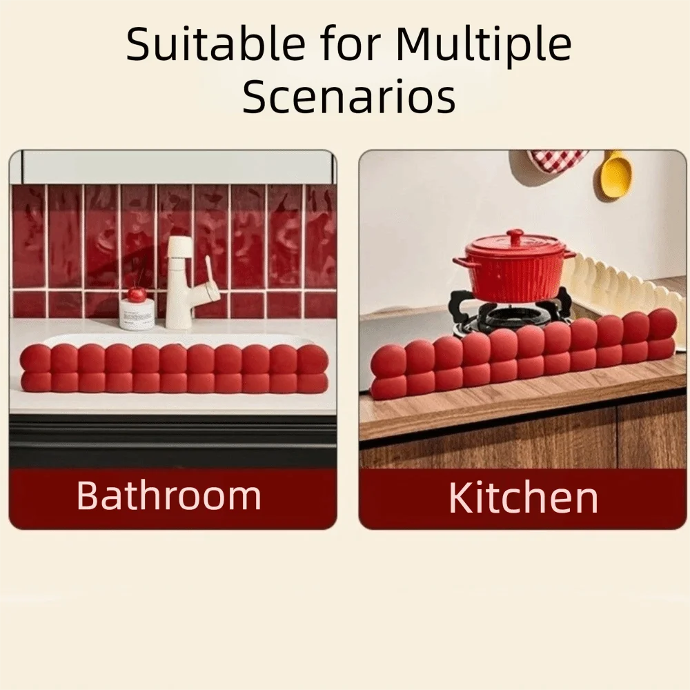 Rotes Silikon-Spritzeinsatz für Spüle, gezeigt in Badezimmer und Küche.
