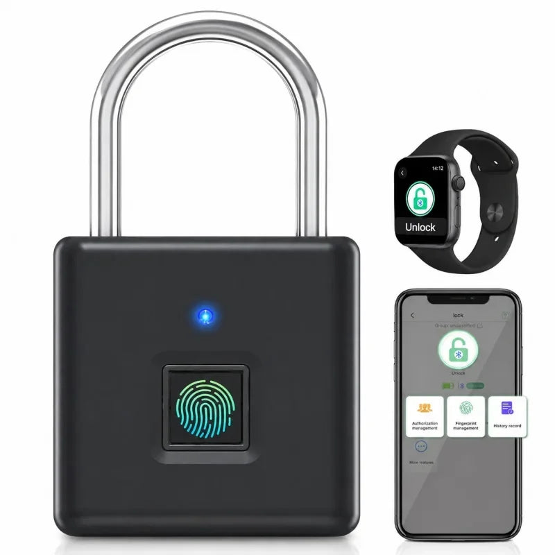 A black fingerprint padlock with a keyhole and a smartphone interface for touch-to-unlock security.