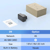 A black GPS tracker device and its packaging box are shown on a light blue surface with technical specifications listed below