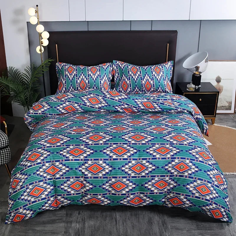 A teal and white geometric striped duvet cover set with matching pillowcases displayed on a bed.