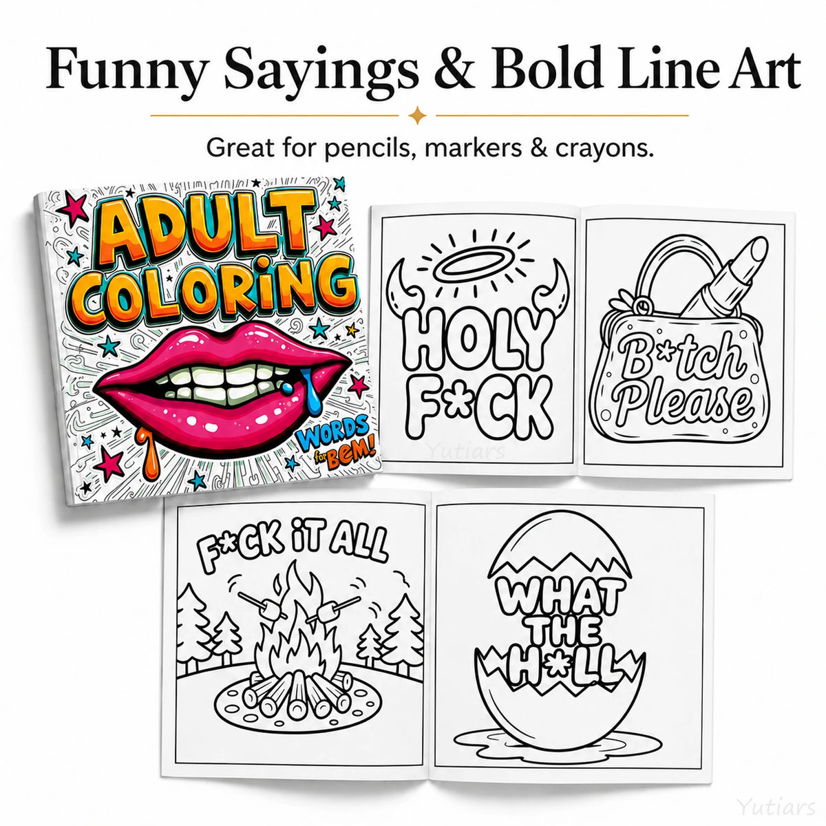 A set of adult coloring pages featuring funny swear words and bold line art for stress relief.