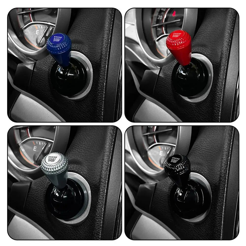 Close-up views of an aluminum engine start button cover with a diamond pattern on a car gear shift.